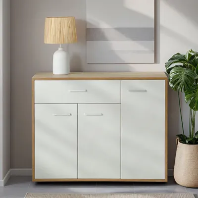 Produktbild von Sideboard ESTELLE Kommode Mehrzweckschrank, Sonoma Eiche/weiß mit 3 Türen und 1 Schublade, 88 cm breit