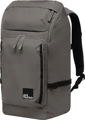 A studio shot of a gray backpack.