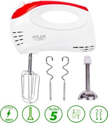 Zdjęcie produktu dla Adler AD 4212, Mikser ręczny, Czerwony, Biały, Bić, Blendowanie, 300 W, Plastik, Stal nierdzewna