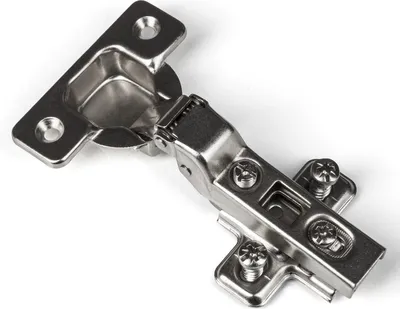 A close-up studio shot of a metal cabinet hinge against a white background.