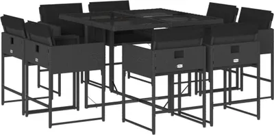 Produktbild von 9-tlg. Garten-Essgruppe mit Kissen Schwarz Poly Rattan