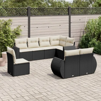 Produktbild von Design 8-tlg. Garten-Sofagarnitur mit Kissen Schwarz Poly Rattan, Gartenmöbel-Sets 2024 Neu