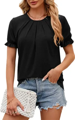 Produktbild von ASKSA Damen T-Shirt Sommer Kurzarm Puffaermel Shirts Tops Casual Tee Elegant Oberteile, Schwarz, Groesse: XXL