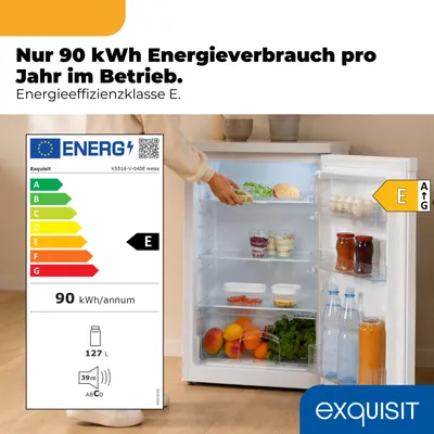 Produktbild von Exquisit Vollraumkühlschrank KS516-V-040E weiss | 127 l Nutzinhalt | LED-Licht | Temperaturregelung | mit Gemüsefach | mit Türablage