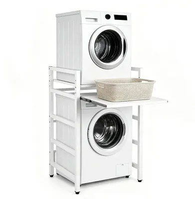 Produktbild von Ikodm Waschmaschinenregal, Regal über Waschmaschine mit Auszug, verstellbare Anti-Rutsch-Füße, obere Ablage bis 300 kg, höhenverstellbar 95-105 cm, Weiß