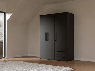 Produktbild von Kleiderschrank MOKKARIS Schwarz 3-türig mit 1 Kleiderstange, 2 Schubkästen und 3 Einlegeböden
