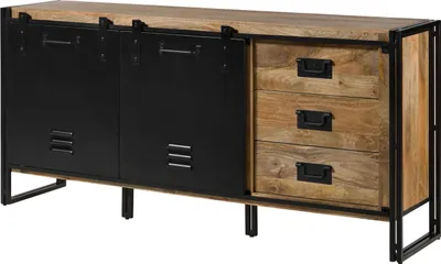 Image de MASSIVMOEBEL24 | Buffet en bois de manguier 195x45x90 laqué naturel clair / Métal noir BLACKBURN #107