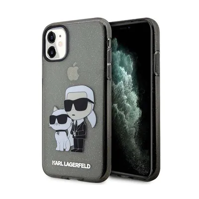 A Karl Lagerfeld iPhone 11/Xr hard case with a glitter finish, featuring Karl and Choupette characters, is shown on a white background.