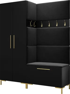 Produktbild von MIRJAN24 Garderoben-Set Zilion I, Garderobe mit 4 Stück Gepolstertes Wandpaneel Pag 84x42 und 3 Stück 42x42 (Schwarz + Gold, Manila 18)