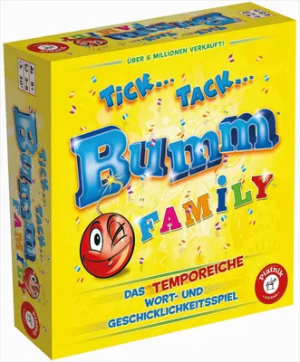 A product box for a board game called Tick Tack Bumm Family.