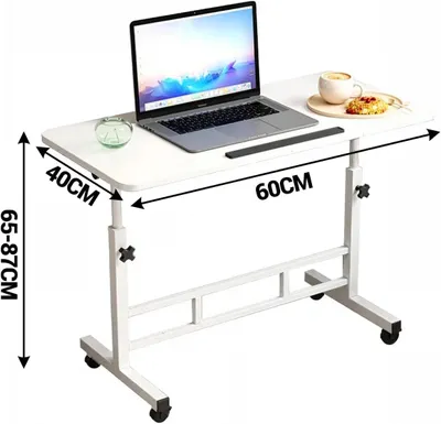 Immagine prodotto di Tavolo regolabile in altezza per laptop - Tavolo mobile per computer - 60 x 40 cm - Piano del tavolo inclinabile fino a 90° - Pieghevole - Ruote bloccabili - Bianco