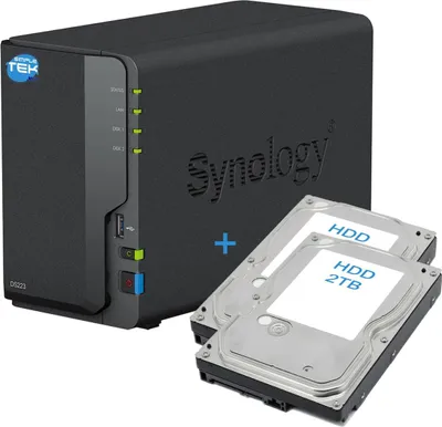 Produktbild von Synology DS223 NAS, 2-fach, mit zwei vorinstallierten Festplatten, jeweils 2 TB, SATA, Ethernet, LAN, IP-fähig