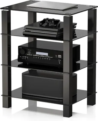 Obrázek produktu pro Hifi stojan ze skla a hliníku, regál na gramofony s výškově nastavitelné policí pro gramofony, stereo systémy a kompaktní audio zařízení, rozměry 600x455x770 mm, model AS406002GB