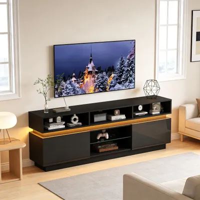 Produktbild von okwish TV-Schrank mit Ablage aus gehärtetem Glas, Wohnzimmerschränke mit LED Beleuchtung und offenen Fächern, für 60-Zoll-Fernseher Schwarz