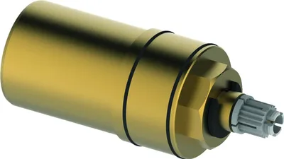 A close-up studio shot of a brass-colored plumbing component with a geared shaft.
