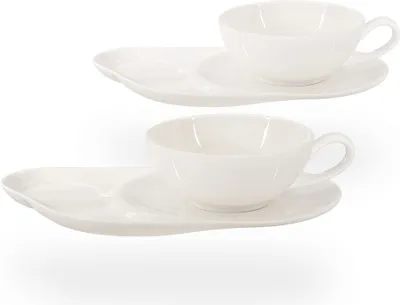 Produktbild von Buchensee Teetassen Porzellan / Teetassen Set Lena mit Ablageteller, 2 Tassen je 200ml, weiß, Crystal Bone China