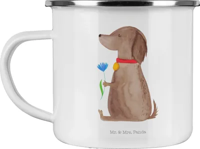 Produktbild von Mr. & Mrs. Panda Emaille Tasse Hund Blume - Weiß - Geschenk, becher, Sprüche, Hundeliebe, Teetasse, Hunde, Süß, Pott, blechbecher