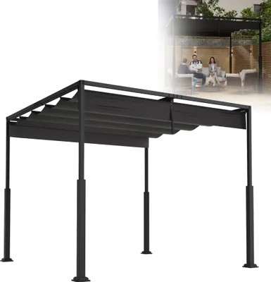A black pergola with a retractable canopy is shown in the foreground, with a lifestyle image of people relaxing under a similar pergola in the background.