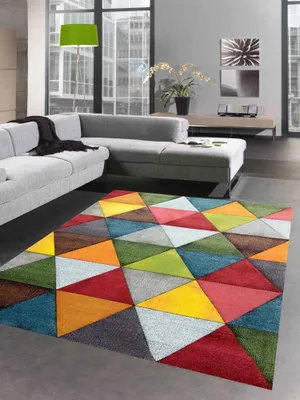 Image de Tapis de salon abstrait avec motif triangulaire coloré moderne design orange vert rouge - facile d'entretien Taille - 200 x 290 cm