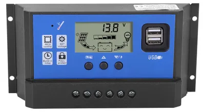 Zdjęcie produktu dla Inteligentny regulator akumulatora do paneli słonecznych, regulator ładowania, wyświetlacz LCD z podwójnym złączem USB, 12/24 V, 50 A