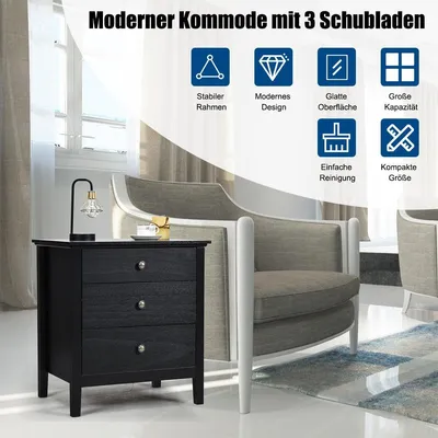 Produktbild von Nachttisch mit 3 Schubladen Beistelltisch Nachtkommode Nachtschrank Schwarz