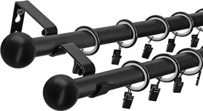 Produktbild von LOFT 240 cm 2-läufige Gardinenstange Schwarz 19 mm aus Metall mit Endstück Ball Komplettset mit Ringen und Clips Inklusive Montagezubehörset