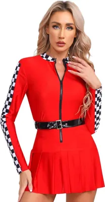 A woman is modeling a red racing-themed costume.