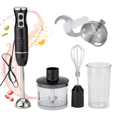 Produktbild von Stabmixer, Edelstahl Pürierstab, 500W, 4-in-1 Handmixer, Elektrischer Schneebesen, 2 Stufen, mit Zerkleinerer & Mixbecher, 2 Klingen, für Babynahrung