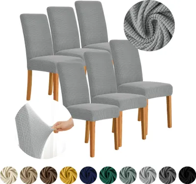 Produktbild von MEBLE ODNOWA, Stuhlhusse, Stuhlbezug, Standardgröße, Jacquard, Hellgrau, 6er Set, Karostruktur, elastisch, Stuhlbezüge, Stuhlhussen, maschinenwaschbar
