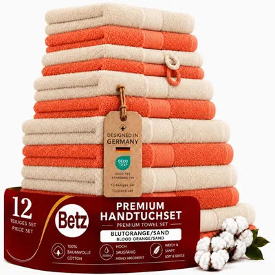 Produktbild von Betz 12-tlg. Handtuch-Set PREMIUM 2 Duschtücher 4 Handtücher 2 Gästetücher 2 Seiftücher 2 Waschhandschuhe  Farbe: blutorange / sand, KI-generiertes Bild
