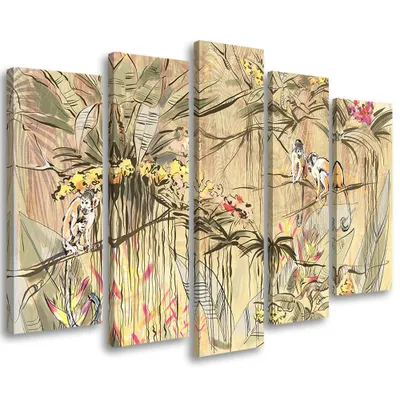 Produktbild von 5-teiliges leinwandbild dschungel-affen 100x70 cm Feeby beige wandbild bereit zum aufhängen