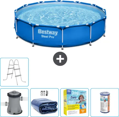 Produktbild von Bestway Round Steel Pro Swimmingpool – 366 x 76 cm – Blau – inklusive Pumpe Sonnensegel - Wartungspaket - Filter - Leiter