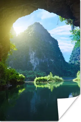 Produktbild von MuchoWow® Poster Wasser - Höhle - Sonne - Natur - Pflanzen 80x120 cm - Papierdruck