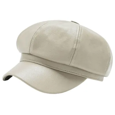 Produktbild von Baskenmütze für Damen, Frühling und Sommer, Retro, einfarbig, Kunstleder, kurze Krempe, dekorativ, Sonnenschutz, UV-Schutz, atmungsaktiv, Malerhut, Uni, achteckige Kappe, Beige