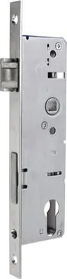 A close-up, studio shot of a metal door lock mechanism against a white background.