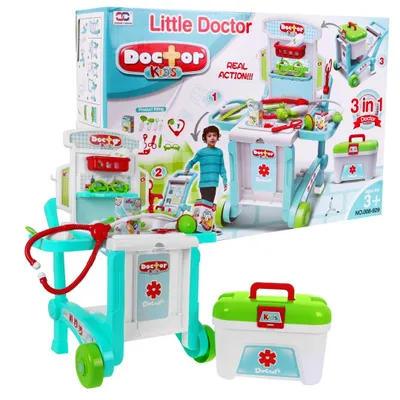 Obrázok produktu pre Prenosná Lekárnička Pre Deti 3+ Kufrík + Stolík + 2 Typy Vozíkov + Príslušenstvo