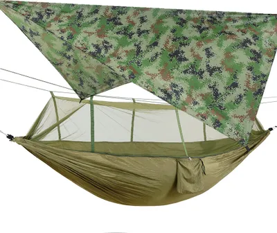 Obrázek produktu pro Camping Hammock se zipem Mosquito Net a plachtou, 300 kg nosnost Hammocks Prodyšná moskytiéra Rychleschnoucí padáková plachta pro kempování Hiking Travel Yard (Army Green Hammock + Camouflage Canopy)