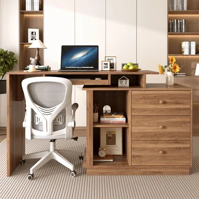 Productafbeelding van Merax uitschuifbaar bureau met toetsenbordlade, 3 lades, 2 open vakken, computerbureau met opbergruimte, 110 × 40 × 75,5 cm, walnoot