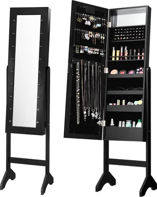 Produktbild von Schmuckschrank mit Ganzkoerperspiegel & LED-Beleuchtung, Schmuckregal mit Verstellbarem Neigungswinkel, Spiegelschrank für Ohrringe, Halsketten, Kosmetika usw. (Schwarz)