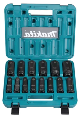 Image de Makita E-16586, jeu de clés à douilles, noir, vert, 14 têtes/têtes, 1/2", métrique, 10,11,12,13,14,16,17,19,21,22,24,27,30,32 mm