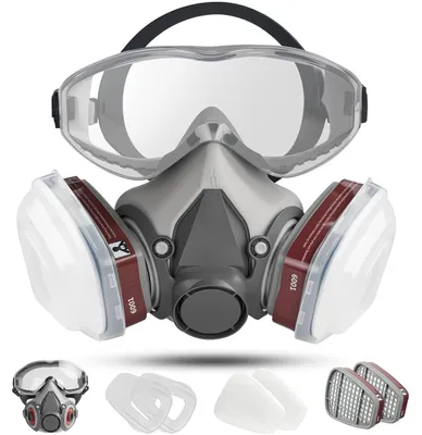 Produktbild von Atemschutzmaske mit Schutzbrille und Filtern, Staubmaske für Gase und Dämpfe, wiederverwendbar, Grau