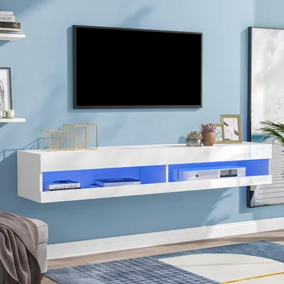 Immagine prodotto di Mobile TV okwish, pannello TV bianco lucido, pannello TV in marmo di alta qualità con illuminazione a LED, ampio spazio di contenimento per il tuo salotto, bianco (140 x 40 x 30,5 cm)