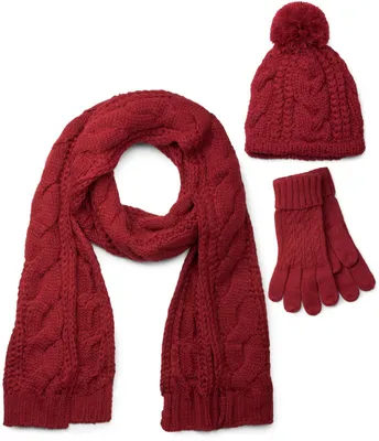Produktbild von styleBREAKER Schal, Mütze und Handschuh Set, Zopfmuster Strickschal mit Bommelmütze und Handschuhe, Damen 01018208