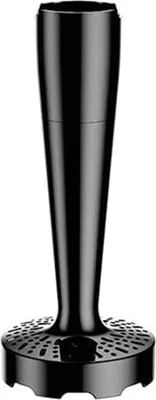 A black immersion blender attachment with a perforated base.