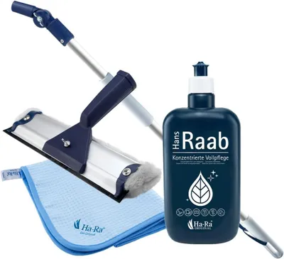 Produktbild von Ha-Ra Fenster-Putz-Set I Fensterwischer Standard 32 cm I Hammer Microfaser-Tuch in 50 x 67 cm I verstellbare Teleskopstange (0,66-1,00m) I Vollpflege
