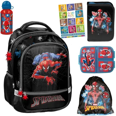 Produktbild von Schulranzen für Jungen und Mädchen, 6er-Set - Schul-Rucksack für Kinder mit Federmäppchen - Schuhbeutel Trinkflasche und Brotdose - Spiderman Motiv