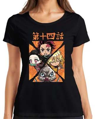 Obrázok produktu pre Kimetsu no Yaiba Tanjiro Nezuko Zenitsu Inosuke Chibi Gift dámske tričko, čierna, S
