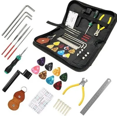 Produktbild von Gitarren Werkzeug Reparatur Set, 27 Stk Gitarren Bausatz mit Saitenkurbel Akustische Gitarre Bridge Pins Plektren Feilen, Gitarre Pflege Set für Gitarre Ukulele Bass Mandolinen Banjo