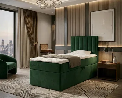 Produktbild von NORDELO Boxspringbett MORFEO 90x200 cm AMOR Velvet Flaschengrün Komplett-Set gepolstertes Einzelbett mit Stauraum, Matratze und 4 cm Visco-Topper, Bonellfederkernmatratze, T30-Schaum