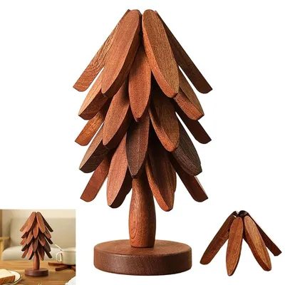 Produktbild von Holzuntersetzer im Weihnachtsbaum-Design – 5er Set hitzebeständig & rutschfest für Küche und Tisch